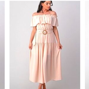 Shero Off or On the Shoulder Beige Tiered Maxi Long Dress Sz. M NWT